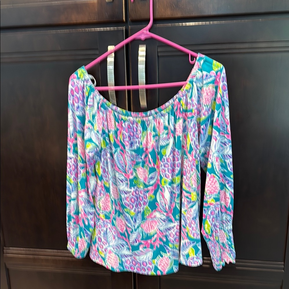 Lilly Pulitzer Blue and Pink Smocked 3/4 Sleeve Blouse